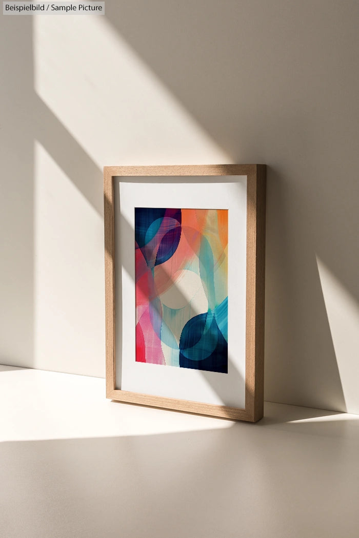 Framed abstract artwork with colorful geometric shapes, resting on a sunlit beige shelf.