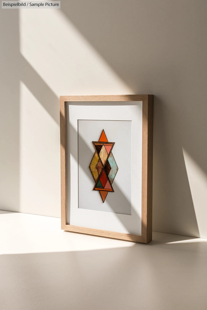 Framed abstract geometric art with colorful diamond shapes in natural lighting and shadows.