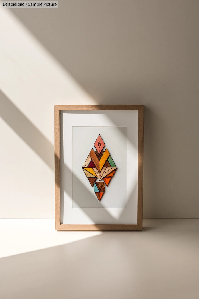 Framed geometric art piece with colorful triangles against a beige wall, lit by diagonal sunlight.