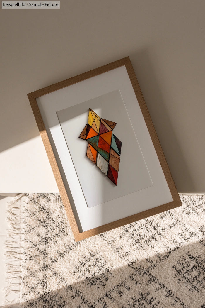 Framed geometric artwork with warm tones on a beige carpet, lit by sunlight filtering through blinds.