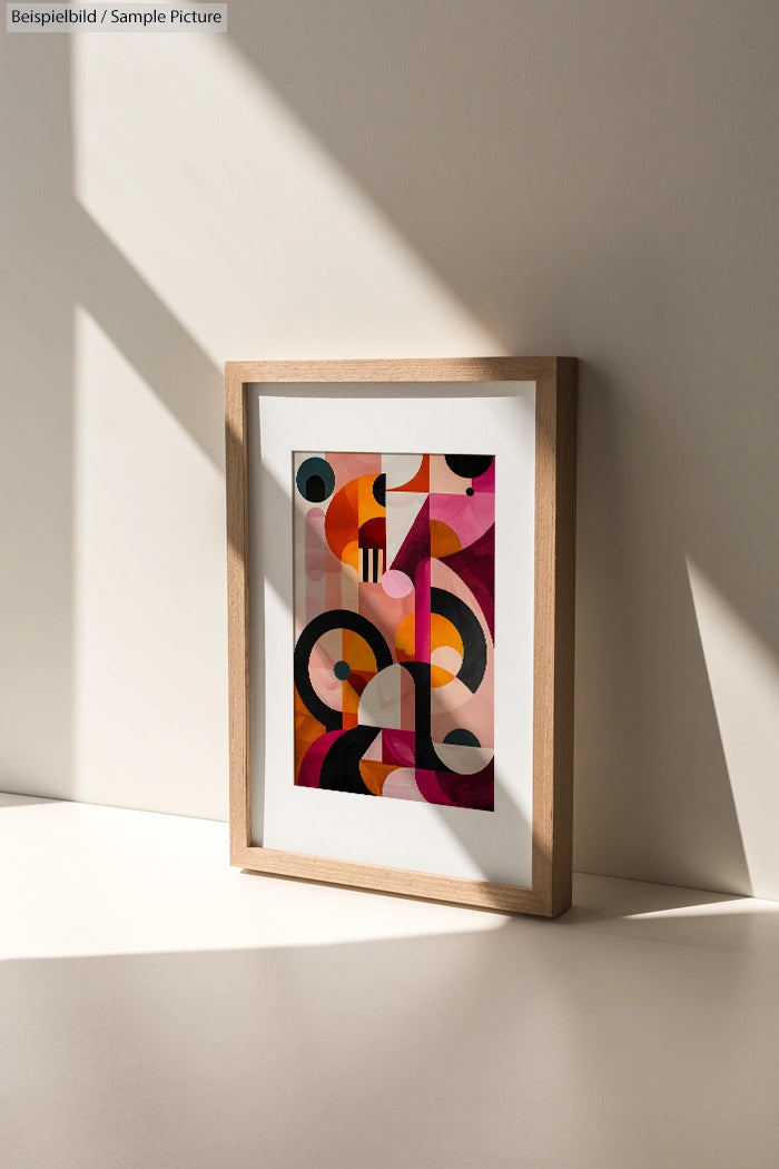 Framed abstract geometric painting with vibrant circles and shapes, leaning against a wall with sunlight casting shadows.