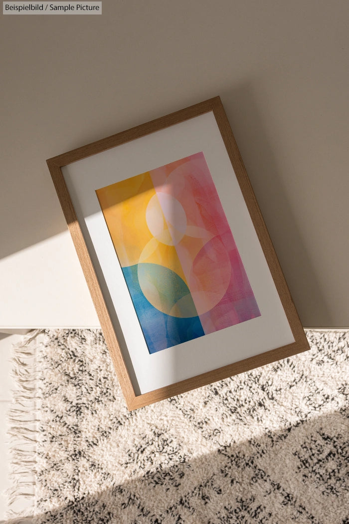 Framed abstract art with overlapping colorful circles on a beige carpet, sunlight casting soft shadows.