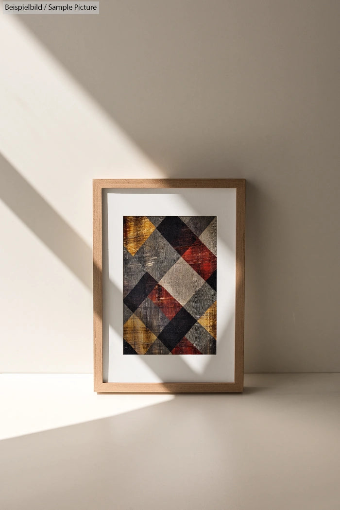 Framed abstract art with orange, black, and brown diamond patterns, placed on a light-colored surface with shadows.