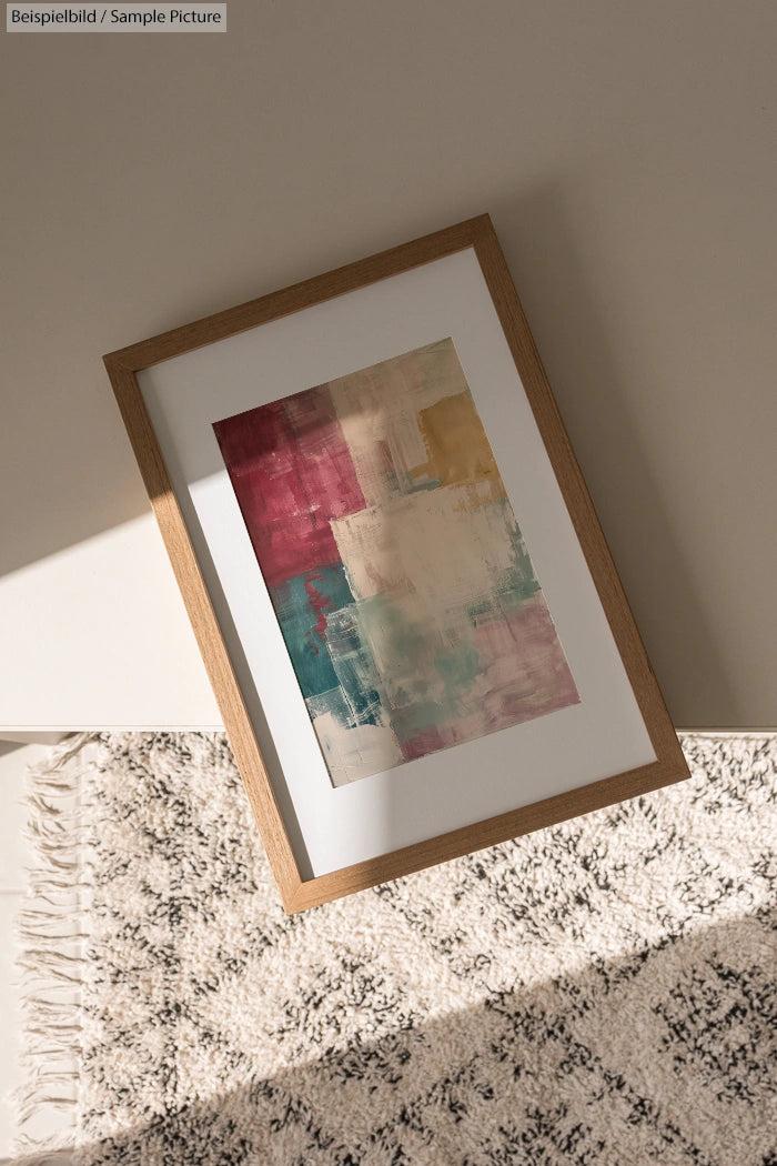 Framed abstract painting with red, white, and teal blocks on a light rug in sunlight.