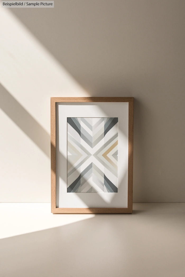 Framed geometric art print with chevron pattern leaning against a beige wall in natural light.