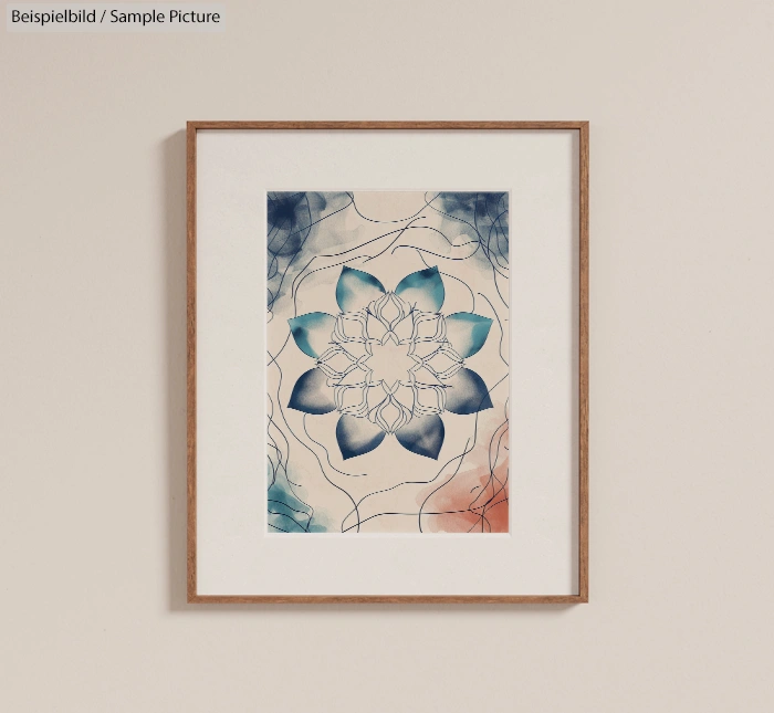 Framed abstract floral artwork with blue and red hues on a beige wall.