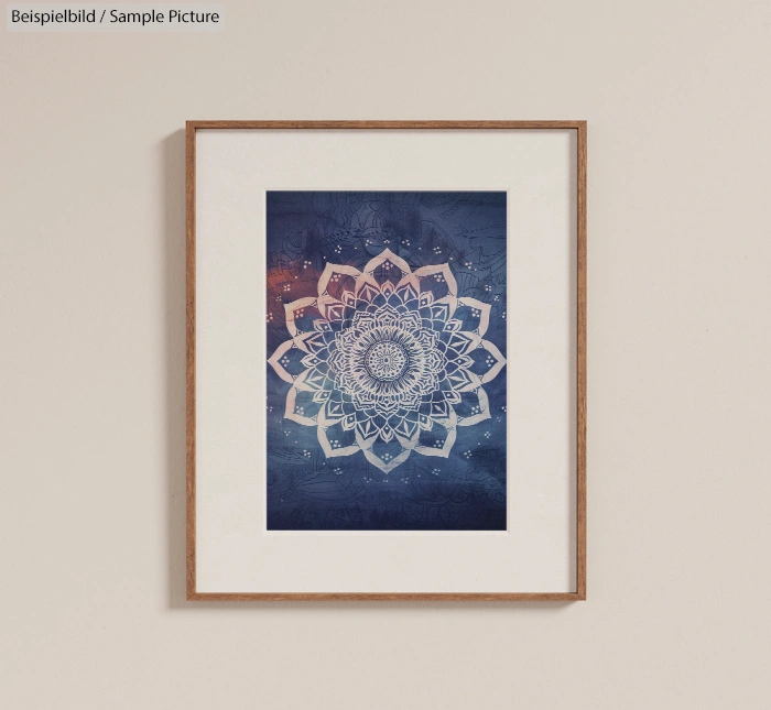 Framed artwork of a white geometric mandala pattern on a blue and orange gradient background.