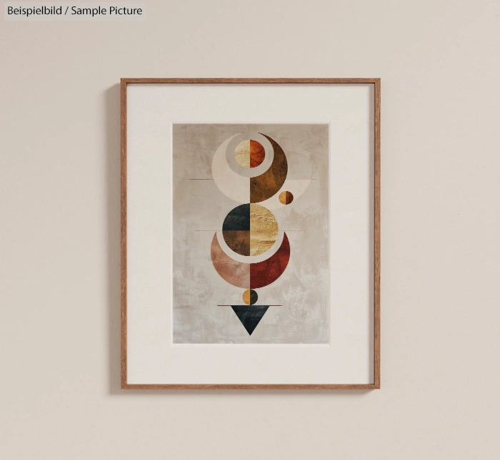 Framed abstract artwork with geometric shapes in earth tones on a beige wall.