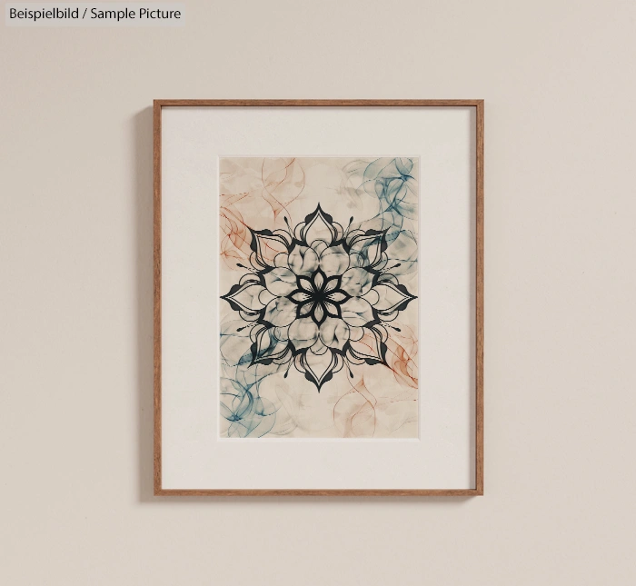 Framed black floral mandala on textured beige background with soft blue and brown accents.