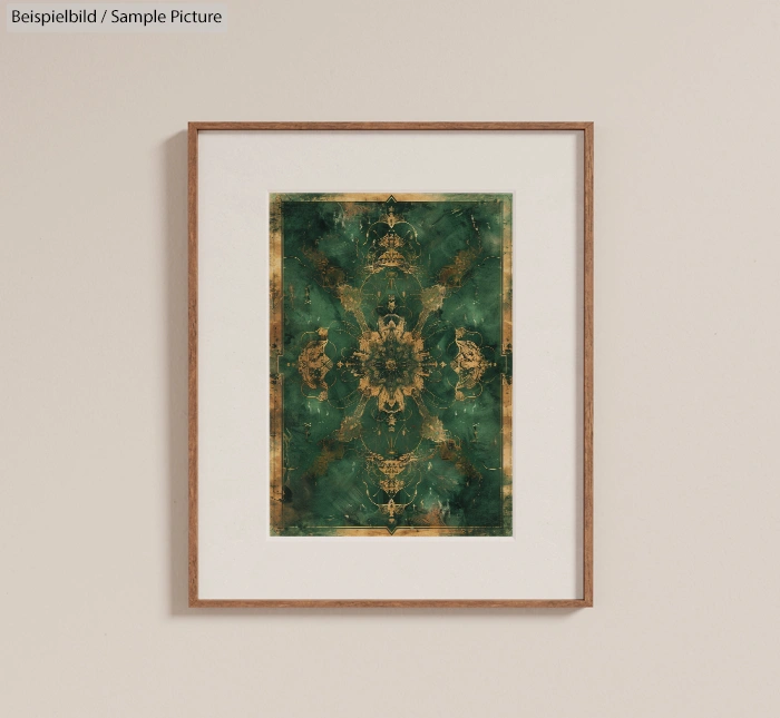 Framed abstract artwork with green and gold symmetrical pattern against beige wall.