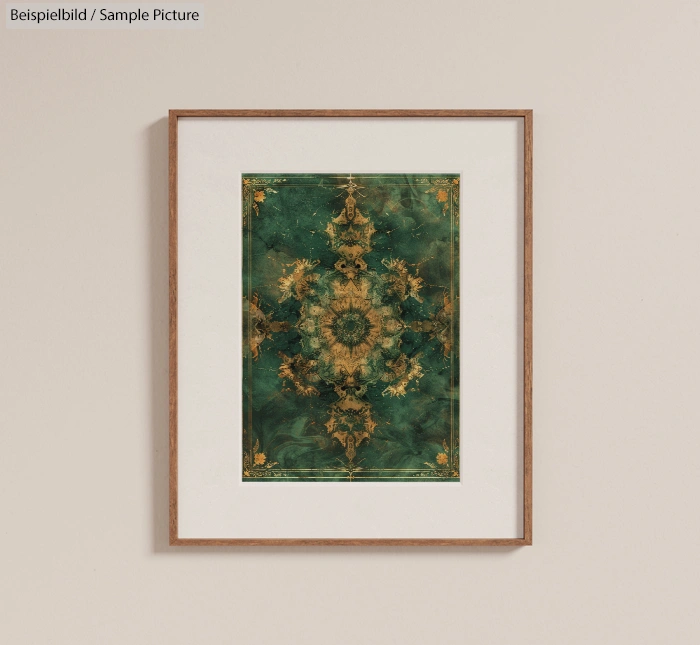 Framed artwork with intricate green and gold mandala design on a beige wall background.