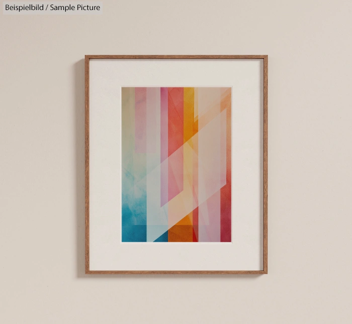 Framed abstract artwork with intersecting pastel and warm-colored rectangles on a light wall.