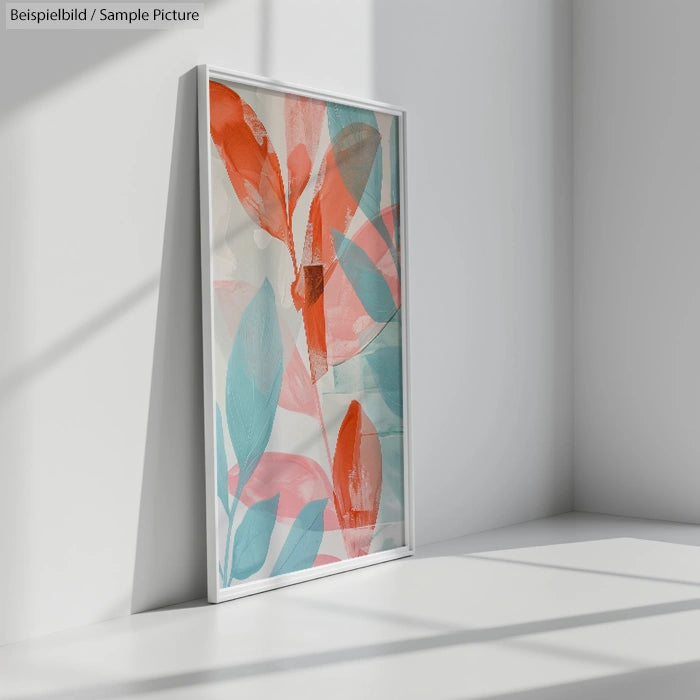 Abstract painting with red and blue leaf shapes in a white frame, against a sunlit wall.