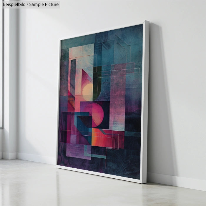 Framed abstract painting with geometric shapes and vibrant colors leaning against a white wall.