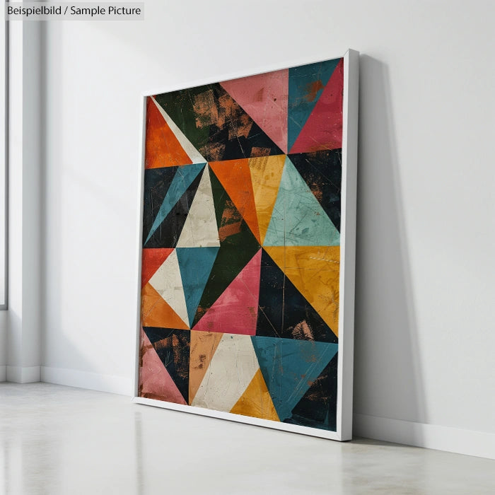 Large abstract geometric painting with colorful triangles leaning against a white wall in a bright room.