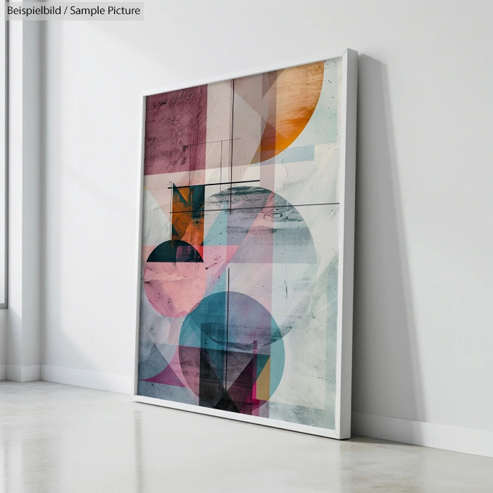 Large framed abstract painting with geometric shapes and diverse colors leaning against a white wall.