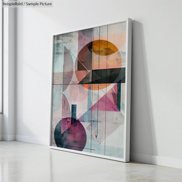 Framed abstract geometric painting with circles and triangles in pink, orange, and gray hues.