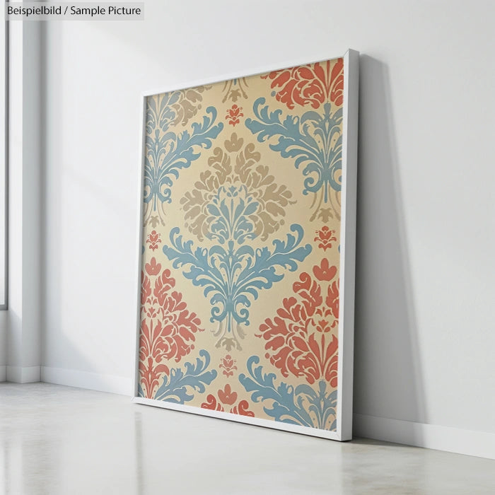 Framed abstract floral art with blue and red patterns leaning against a white wall.