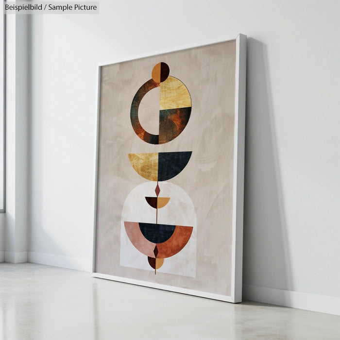 Framed geometric abstract art with circular and semi-circular shapes in earth tones, leaning against a white wall.