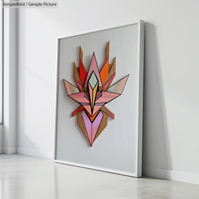 Geometric abstract art piece with pink, red, and orange shapes layered within a white frame on a floor near a wall.