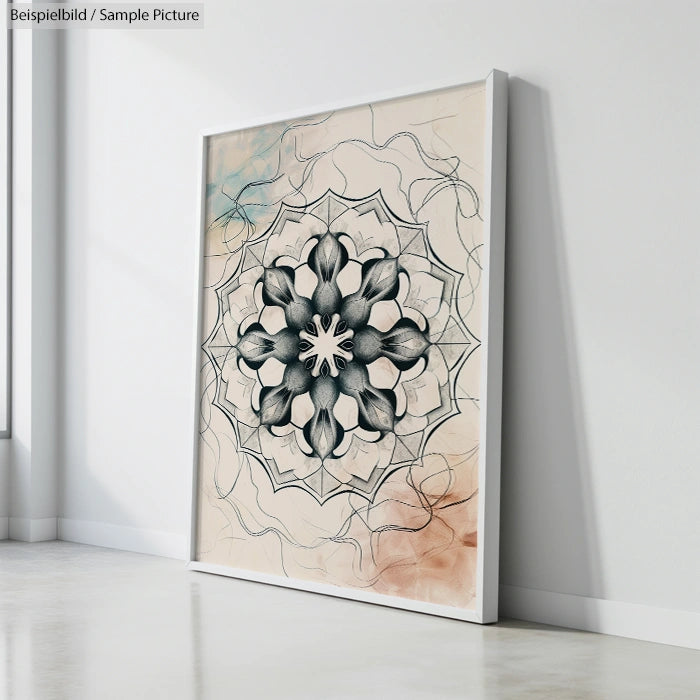 Framed abstract mandala art with black and gray floral pattern on textured beige background, leaning against a white wall.