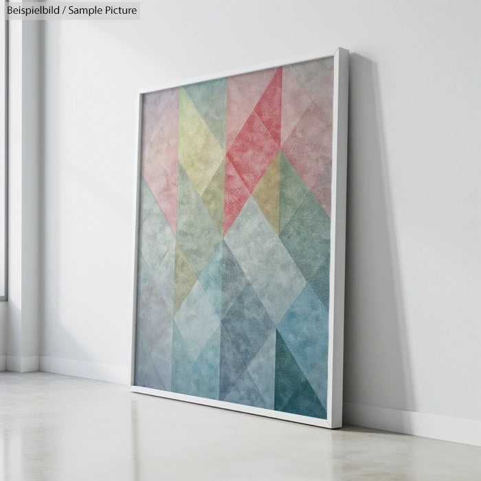 Geometric abstract art with pastel triangles leaning against a wall in a bright room.