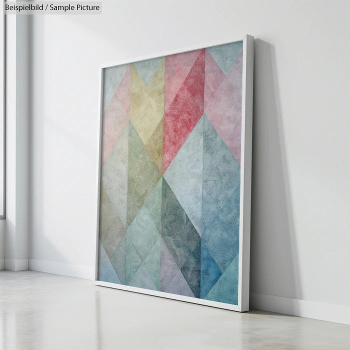 Geometric abstract painting with triangles in pastel colors, leaning against a white wall.