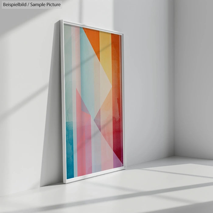 Framed geometric abstract art with vertical colored stripes in a sunlit room.