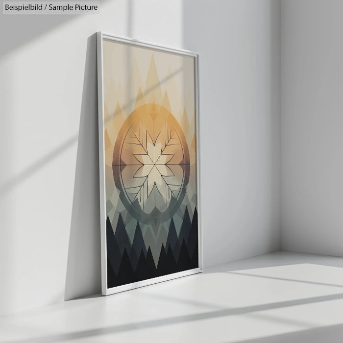 Framed geometric abstract art with gradient triangles and central starburst, in a bright, minimalist room.