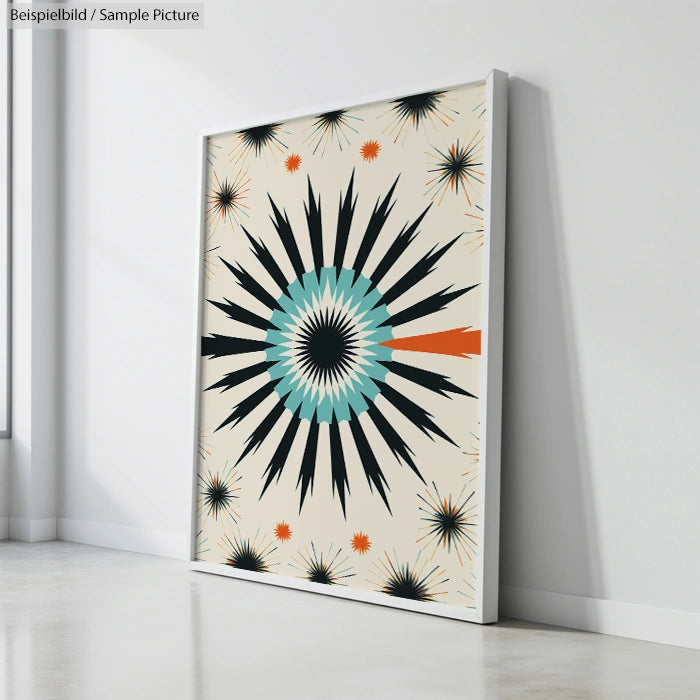 Framed mid-century modern artwork with starburst pattern in turquoise, black, and orange colors leaning against a wall.