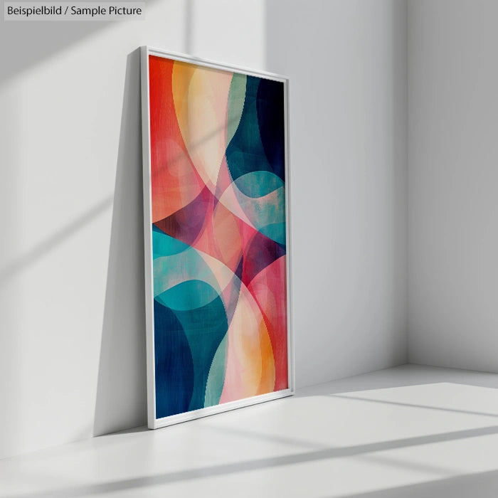 Framed abstract artwork with overlapping colorful curves on a white wall, sunlight casting shadows.