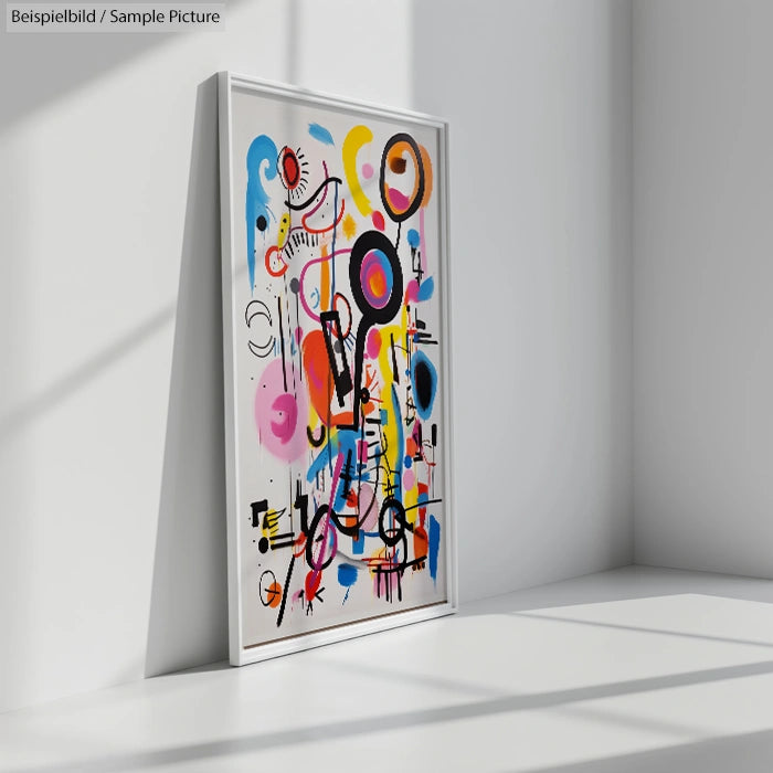 Framed abstract painting with colorful circles and lines, leaning against a white wall in a sunlit room.