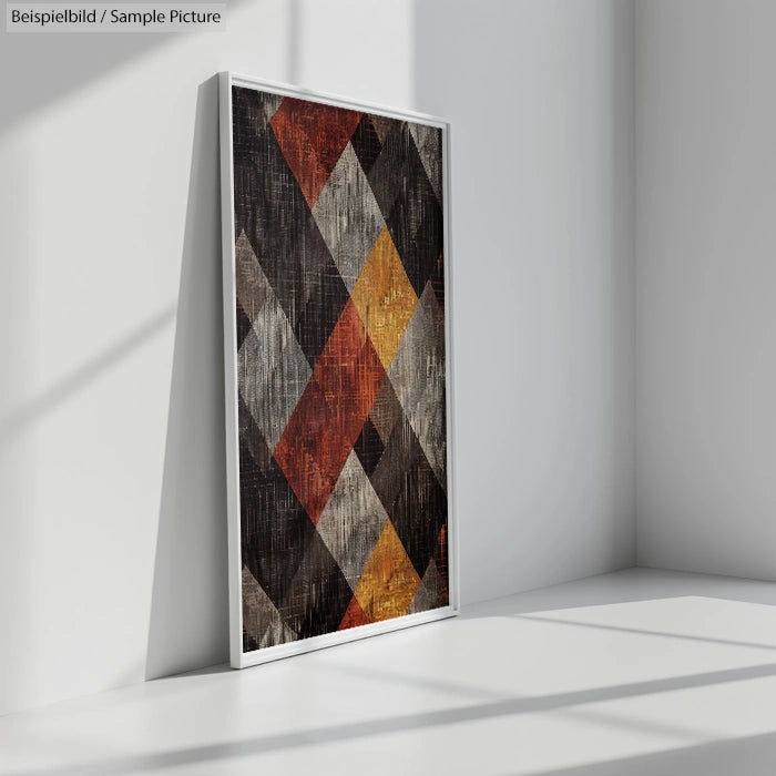 Framed abstract painting with colorful geometric diamond patterns leaning against a sunlit wall.