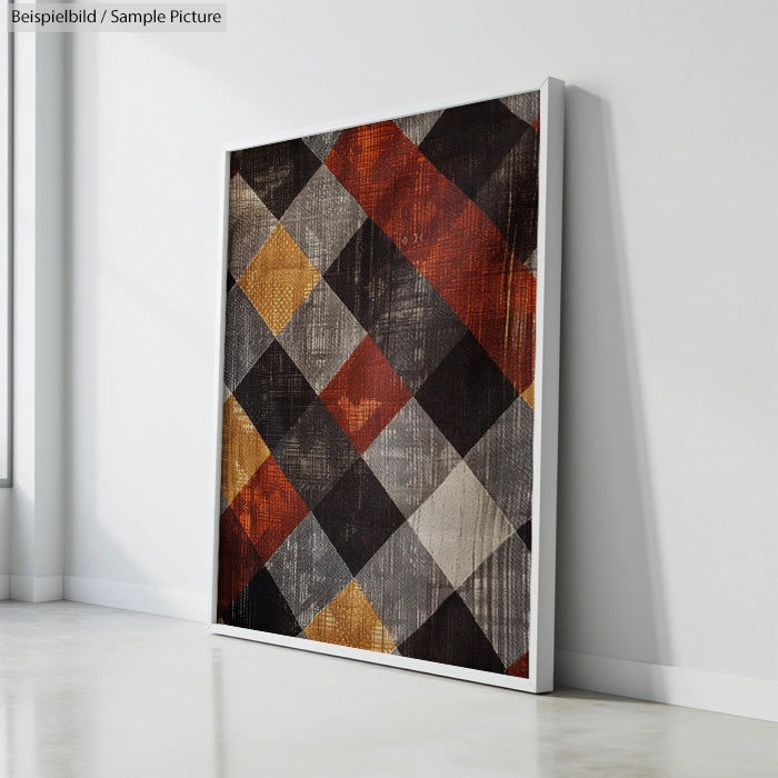 Geometric wall art with red, black, gray, and yellow diamond pattern leaning against a white wall in a bright room.