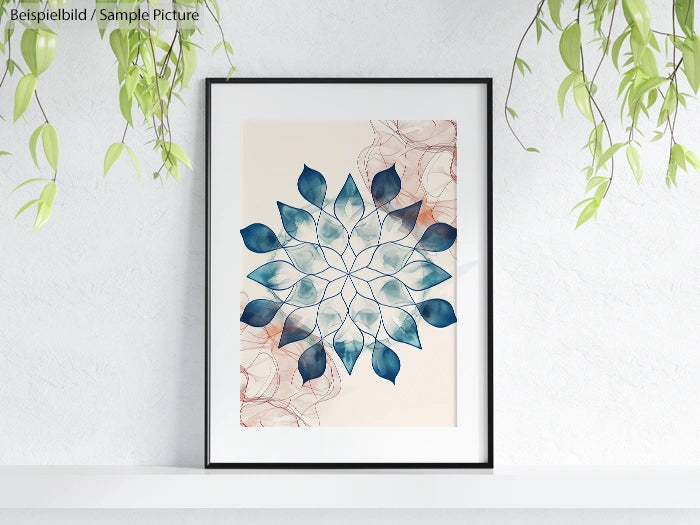 Framed mandala art with blue leaves on a light background, surrounded by hanging plants, set against a white wall.