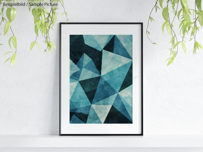 Geometric abstract art with blue and teal triangles in a black frame, hung against a white wall with hanging plants.