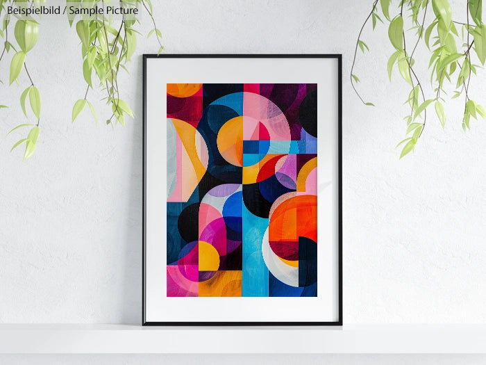 Framed abstract art with colorful geometric shapes, hanging on a white wall with green hanging plants.