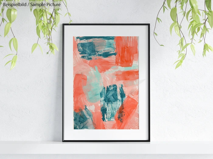 Framed abstract painting with coral and teal brushstrokes, hanging on a white wall with leafy vines.