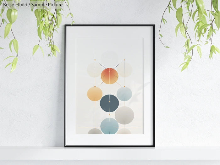 Framed abstract geometric art with circles in a minimal room, surrounded by hanging plants.