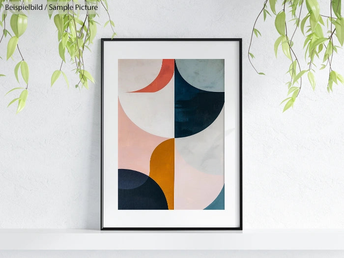 Framed abstract geometric art print with curves in pastel shades, displayed on a white wall with hanging plants.