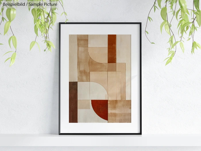 Modern abstract art print with geometric shapes in beige and brown tones, framed on white wall with hanging plants.