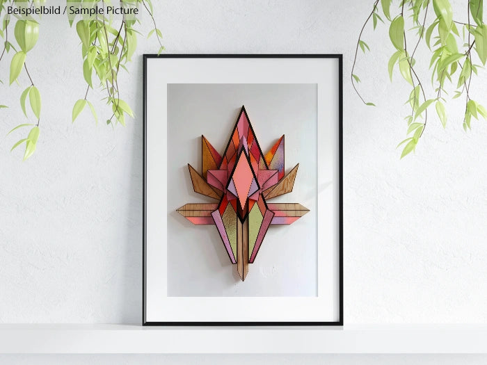 Framed geometric wolf art on wall with hanging plants, showcasing wood and pink hues.