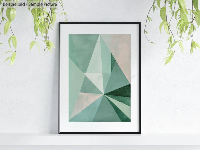 Framed geometric abstract artwork in green shades on white wall with hanging plants.