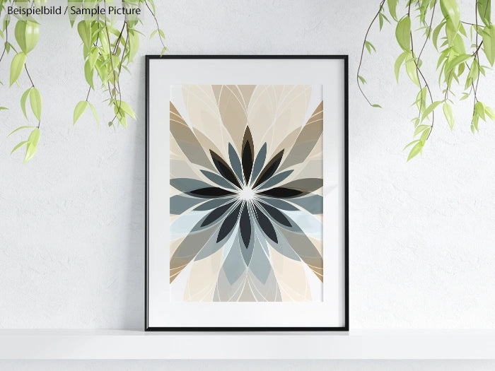 Geometric leaf pattern artwork in a black frame, set against a white wall with hanging plants.