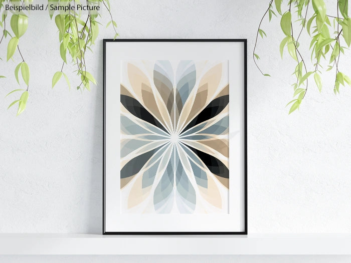 Framed abstract art print with symmetrical floral design in beige, black, and light blue hues, hung on a light wall.