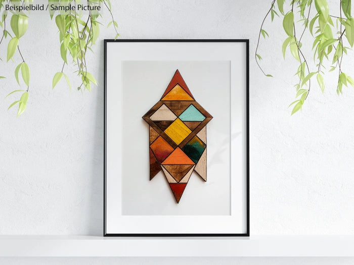 Framed abstract geometric artwork with colorful triangles hanging on a white wall, surrounded by green leafy plants.