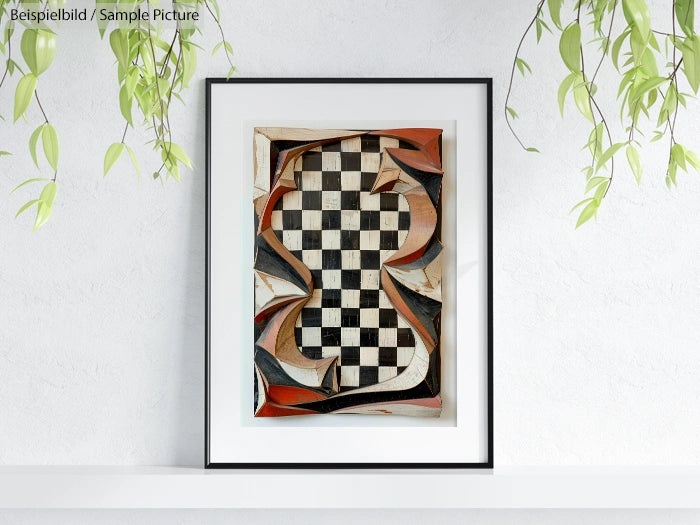 Framed abstract art piece with a chessboard pattern and swirling geometric shapes on a wall with hanging plants.