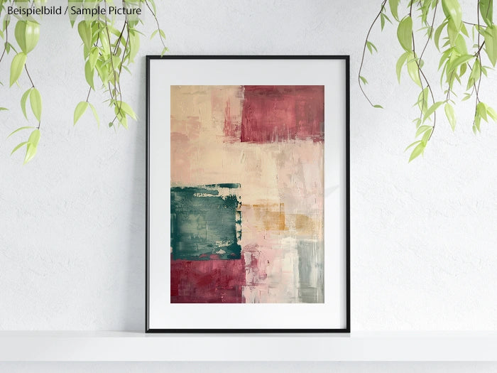 Framed abstract painting with earthy tones, featuring red, green, and beige blocks. Hanging plants adorn the scene.