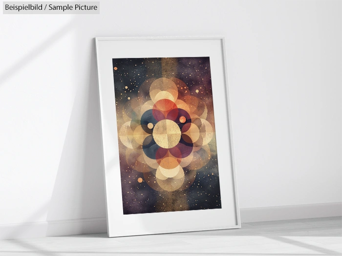 Framed abstract geometric art print with overlapping circles in warm colors, resting against a white wall.