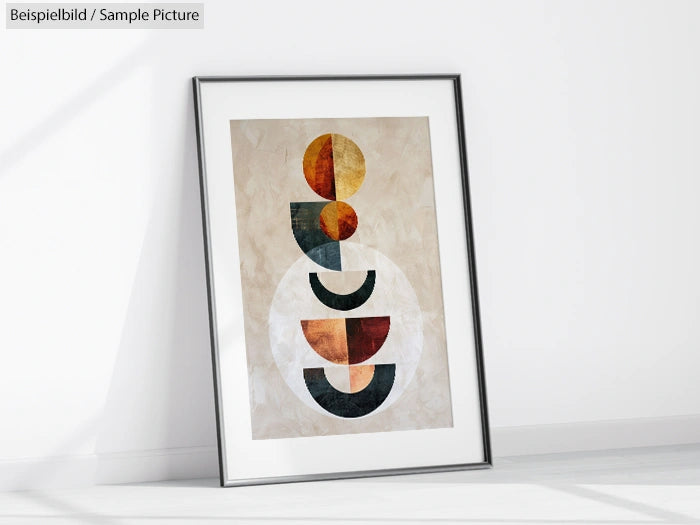 Framed abstract artwork with geometric patterns in earth tones of circles and semicircles, leaning against a wall.